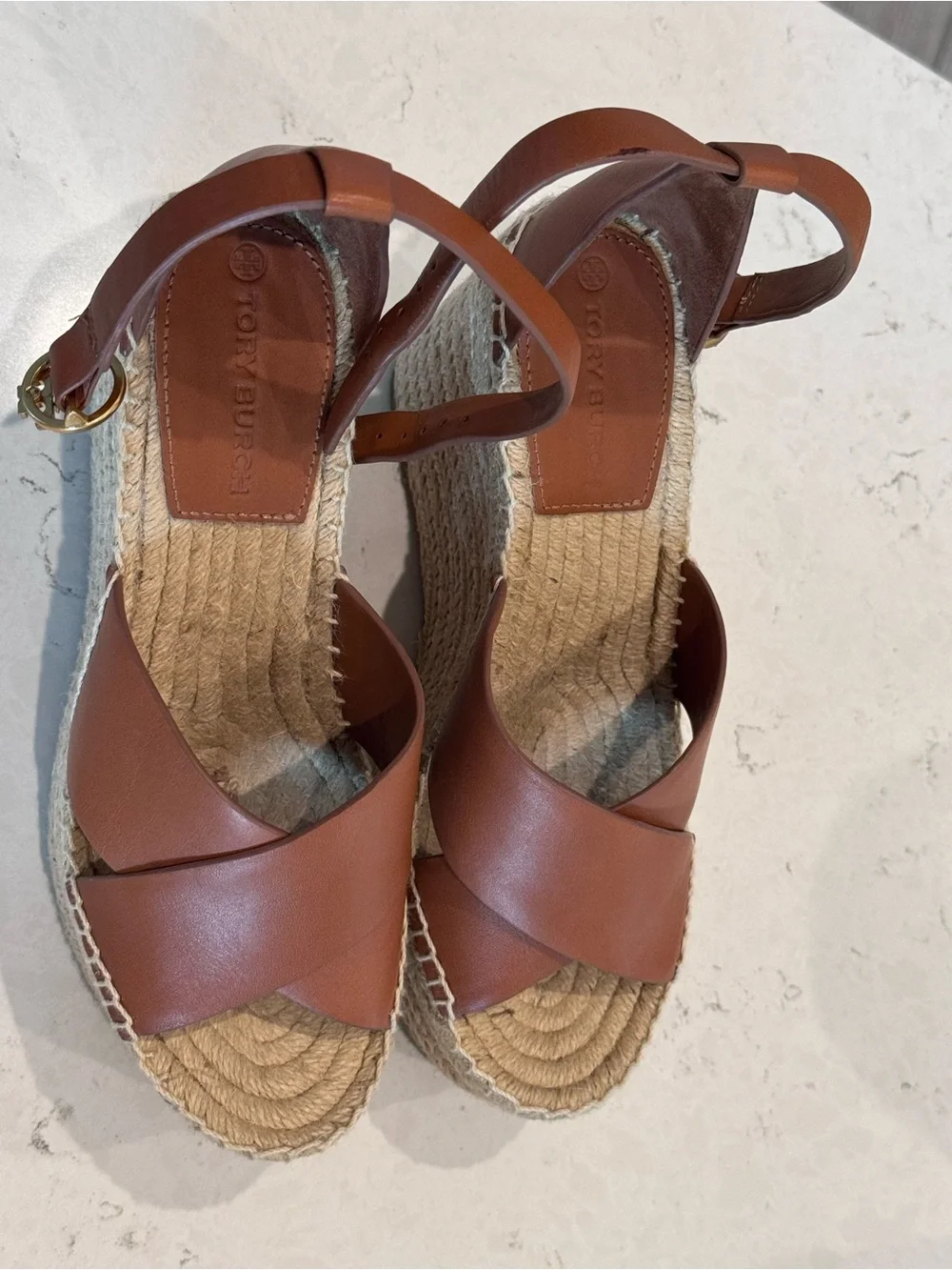 Tory Burch Tan Leather Espadrille Wedge Sandals